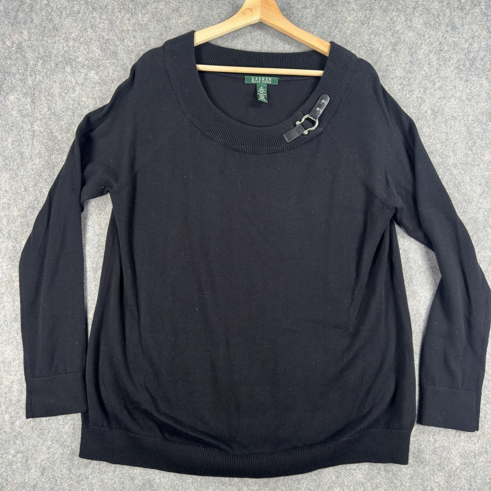 Lauren Ralph Lauren Sweater Womens 1X Plus Black 100% Cotton Buckle Neck Knit